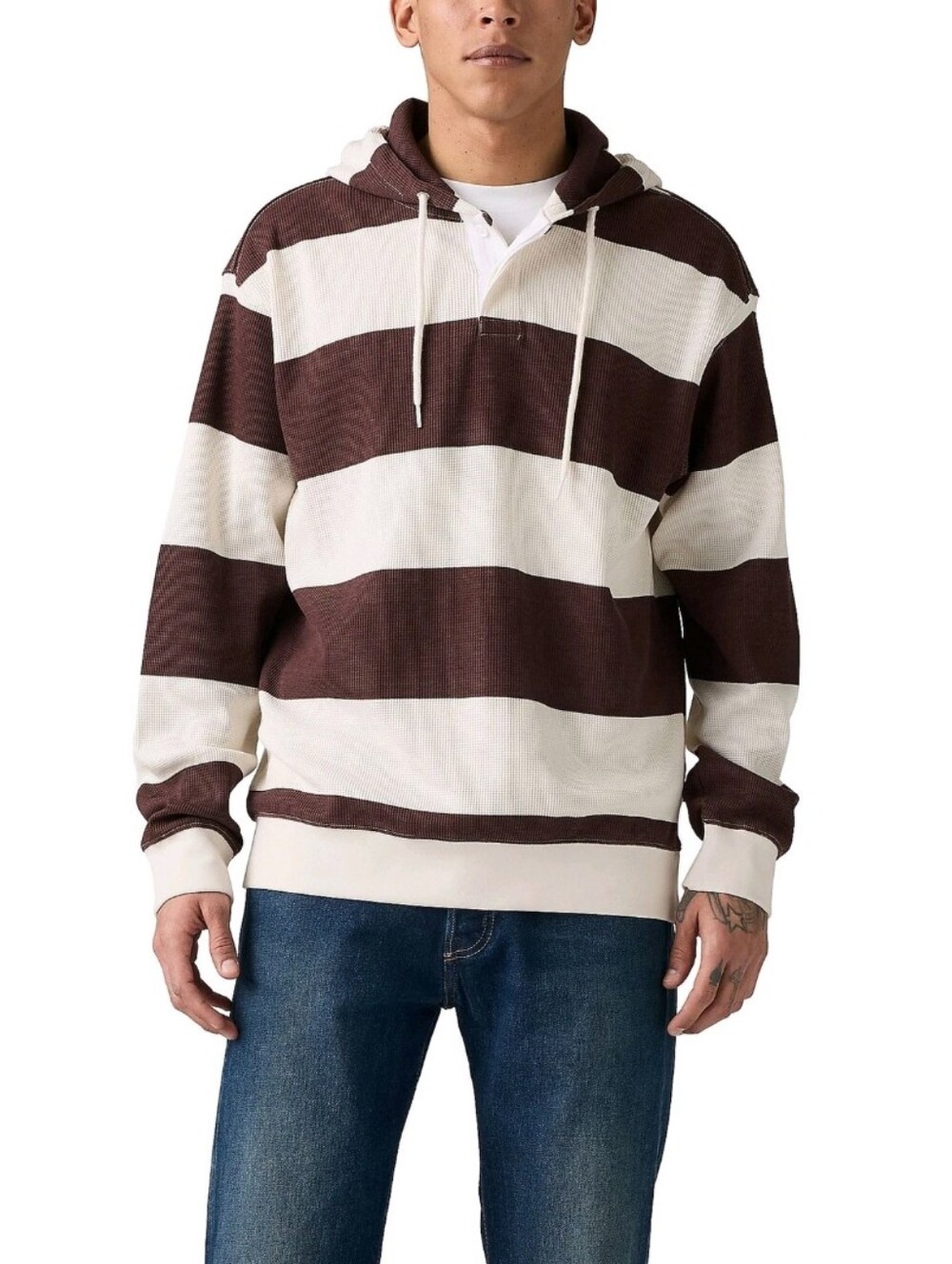 Levis Hoodie Mens XL Navy Brown White Striped Thermal Pullover Sweatshirt